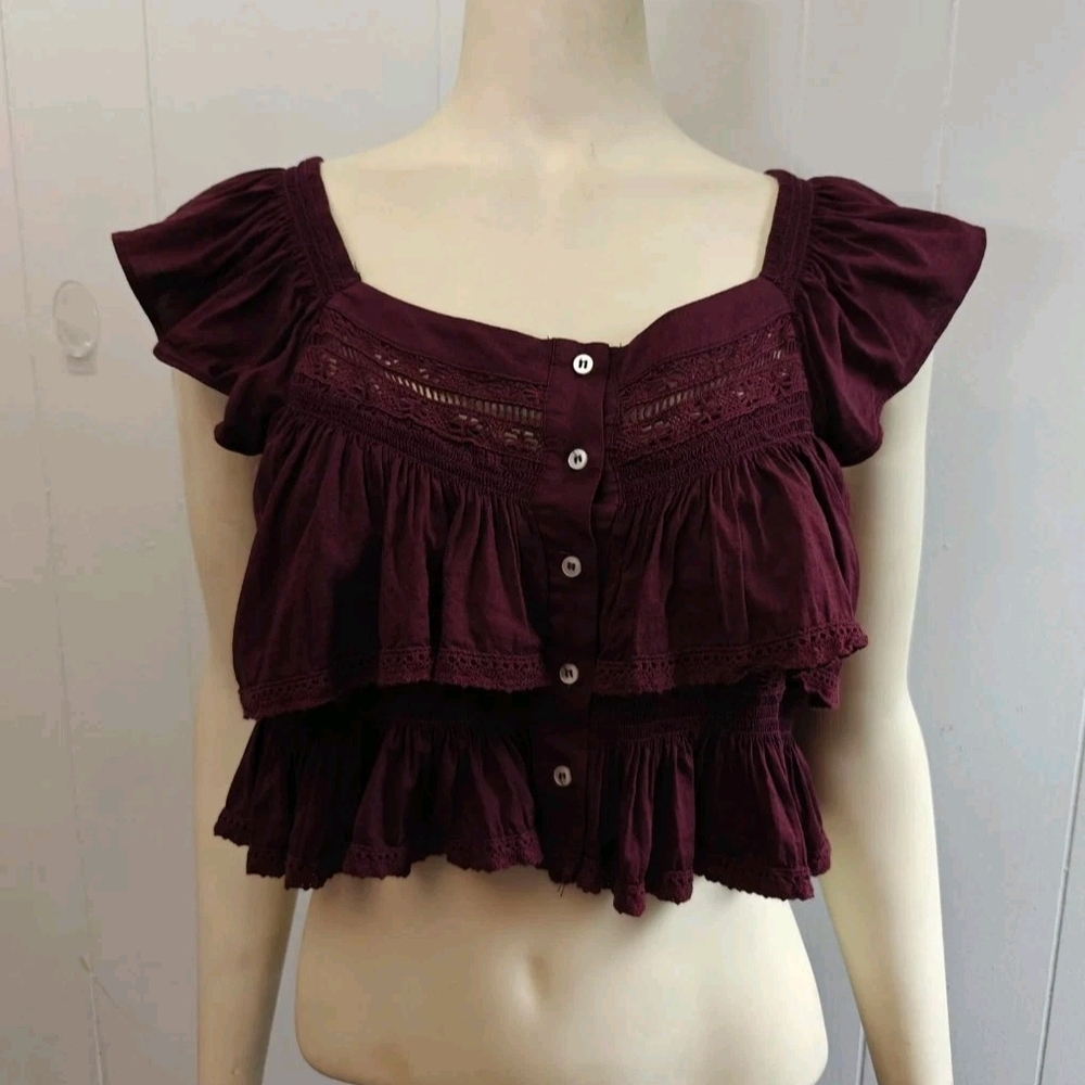 Free People Ruffle Cropped Boho Sunny Day Burgundy Top Button Accent Sz M